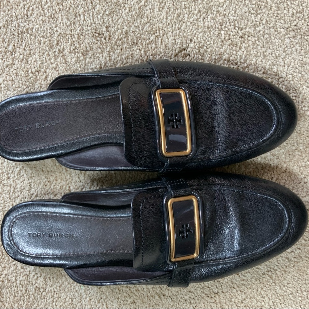 Tory Burch Black Leather Slip-On Loafers with Gold Accent